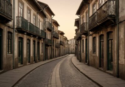Rua urbana do Norte de Portugal com edifícios antigos a necessitar de reabilitação