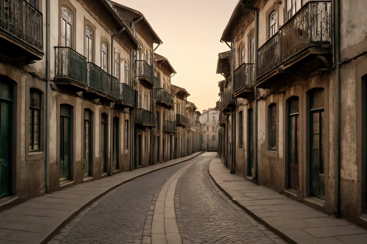 Rua urbana do Norte de Portugal com edifícios antigos a necessitar de reabilitação