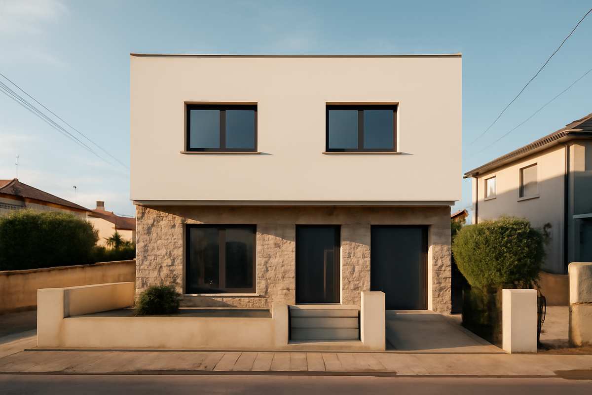 Fachada residencial contemporânea no Norte de Portugal, luz natural e ambiente suburbano