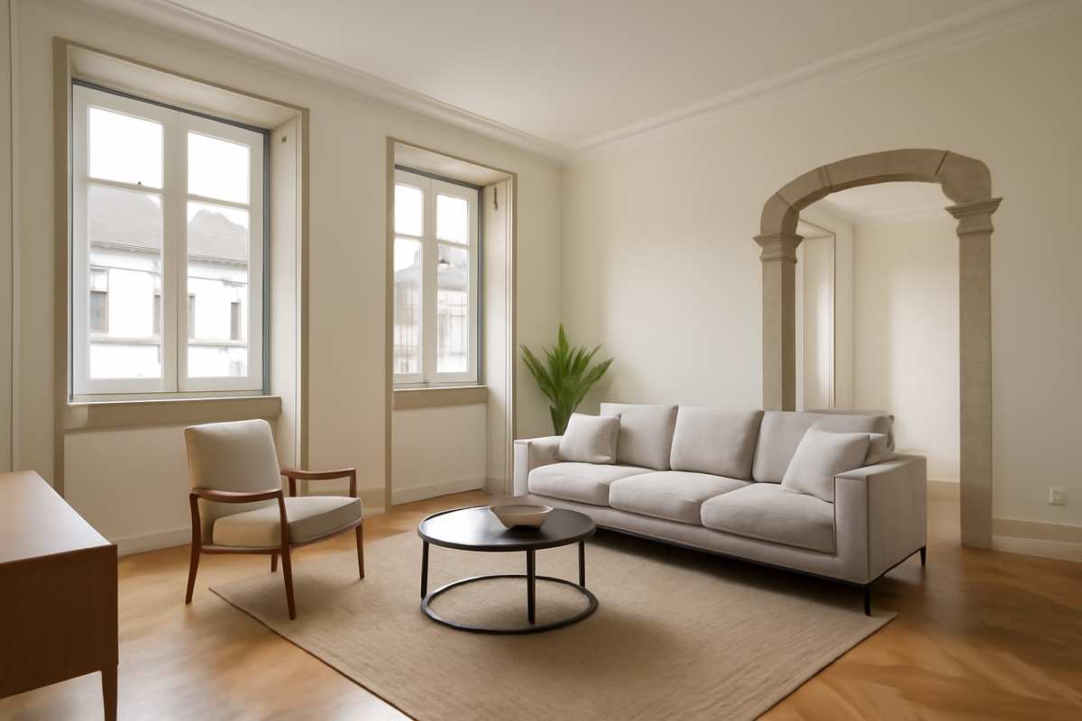 Interior iluminado de um apartamento pronto para venda em Guimarães, decoração neutra e contemporânea