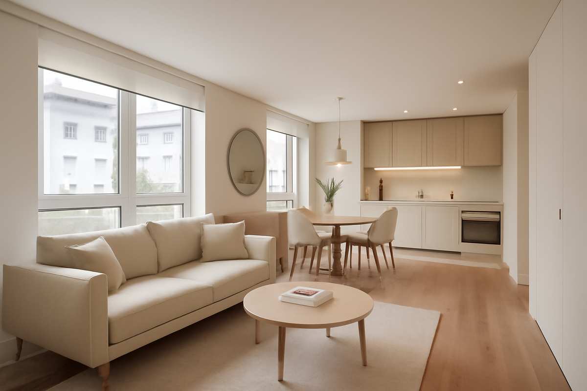 Interior luminoso e contemporâneo de um apartamento em Vila do Conde, com sala ampla e cozinha em open-space.