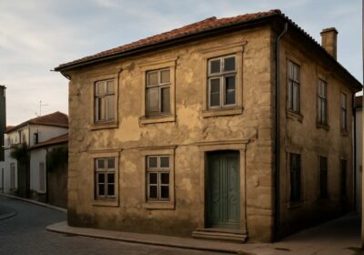 Fachada de uma casa antiga com desgaste exterior em ambiente urbano do Norte de Portugal