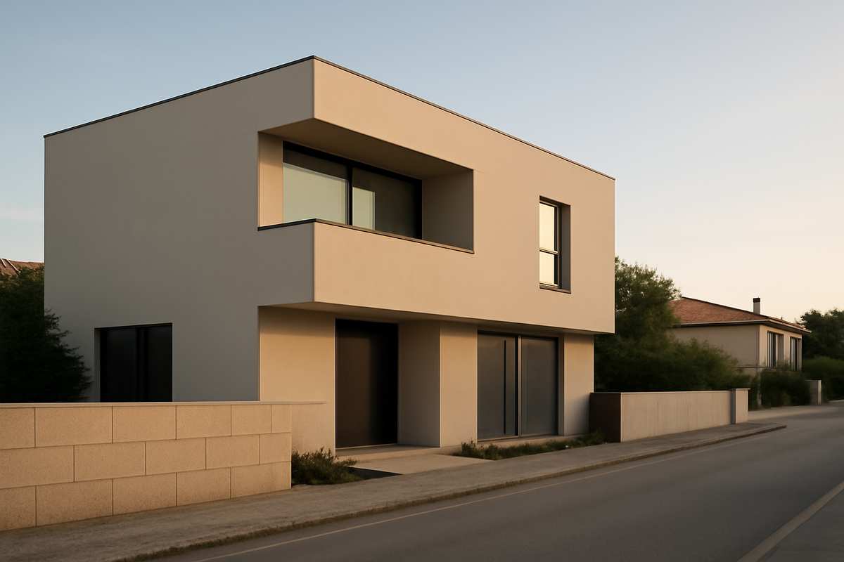 Fachada contemporânea de uma moradia no Norte de Portugal, iluminação natural, composição editorial — ilustração do tema venda de imóveis em Vila Nova de Famalicão
