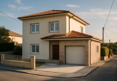 Moradia residencial com fachada cuidada numa rua calma do Norte de Portugal, luz natural suave