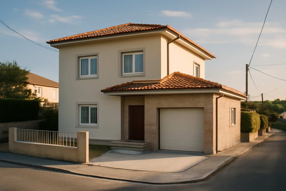 Moradia residencial com fachada cuidada numa rua calma do Norte de Portugal, luz natural suave