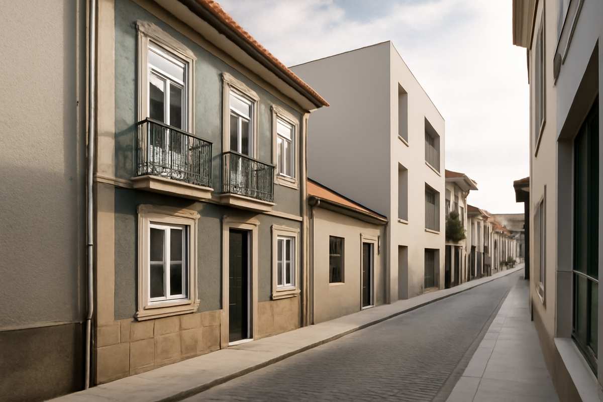 Corredor urbano residencial no Norte de Portugal com fachada residencial e luz natural, ilustração editorial do mercado imobiliário em Viana do Castelo