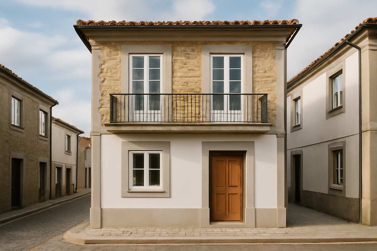 Fachada residencial tranquila em Vila do Conde com luz natural, ilustrativa de um imóvel para venda