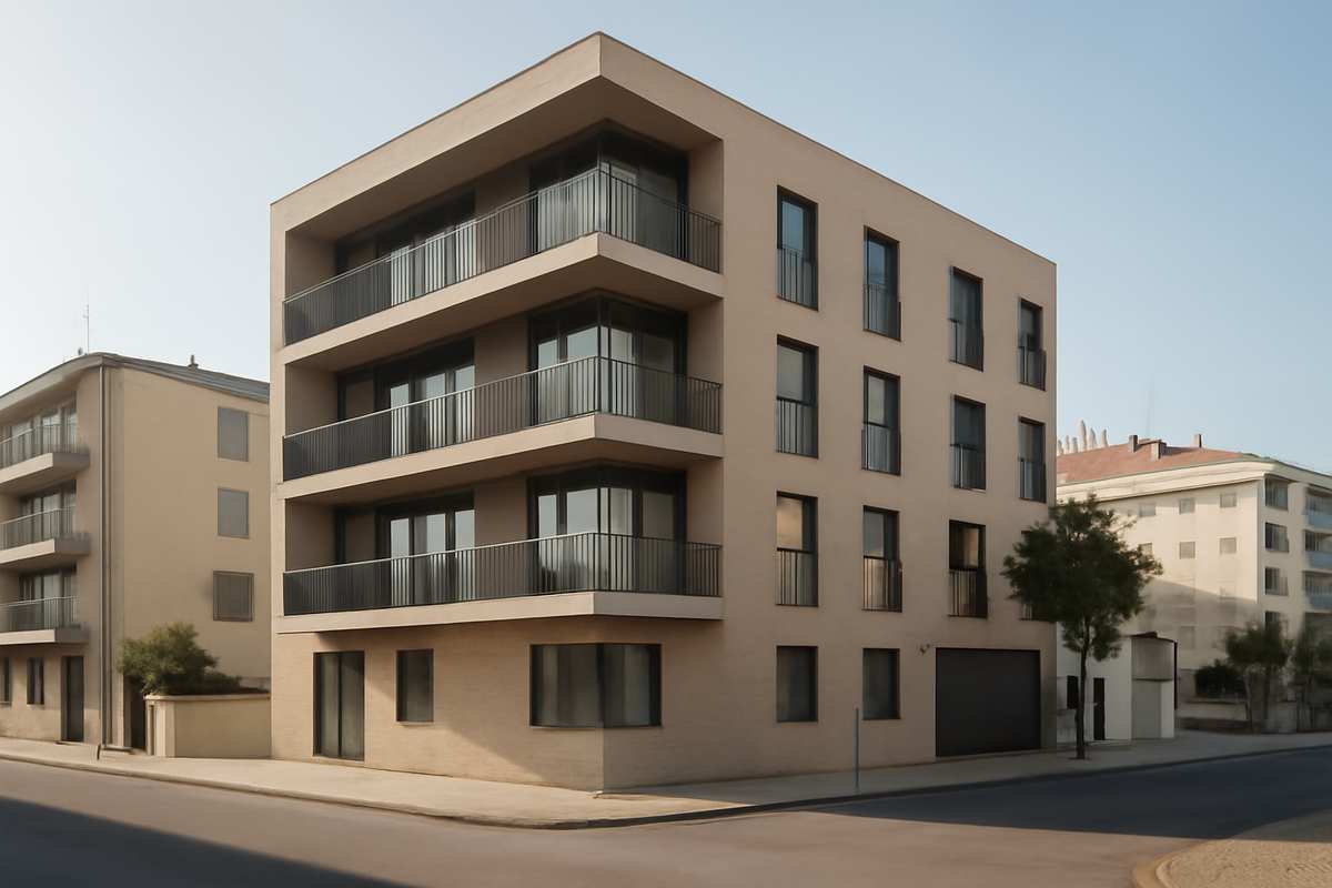 Fachada urbana contemporânea iluminada pela manhã, imagem editorial representativa do ambiente residencial em Matosinhos